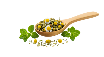 Wooden spoon with dried chamomile flowers and fresh green leaves isolated on white background, perfect for herbal tea designs