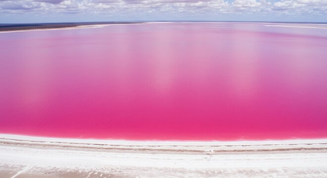 Aerial view of pink lake's shoreline and water