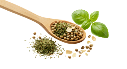 Wooden spoon with mixed dried herbs and spices with fresh basil leaves on white background, perfect for culinary and cooking themes