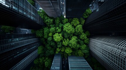 A view looking up at tall buildings surrounding a cluster of green trees. The image captures the contrast between urban architecture and nature.