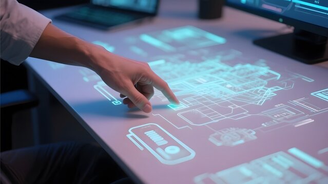 Person interacting with a futuristic holographic interface on a desk - Powered by Adobe