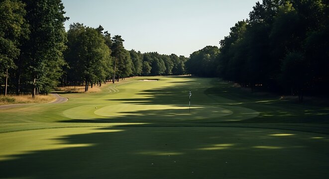 Scenic golf course fairway lined with mature trees under a bright blue sky