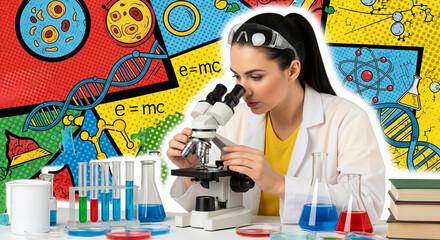 A scientist conducts research through a microscope, against a pop art background with scientific symbols