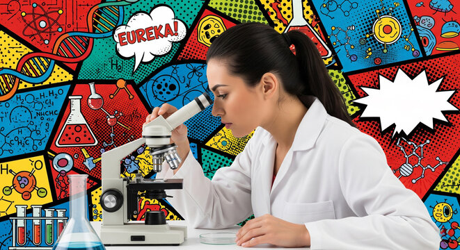 A scientist conducts research through a microscope, against a pop art background with scientific symbols - Powered by Adobe