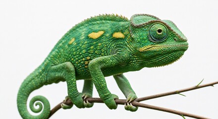 Obraz premium Gr�nes Cham�leon posiert elegant auf Zweig hell erleuchtet. AI Generated