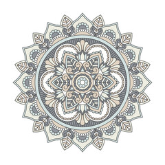 Vector mandala isolated on white background. Ornament card with mandala on gray and yellow colors. Oriental pattern, vintage decorative element for design