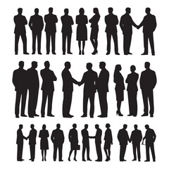 Bundle of corporate profile silhouette icons on pure white background, solid black only showing groups of business people standing together in different configurations. 