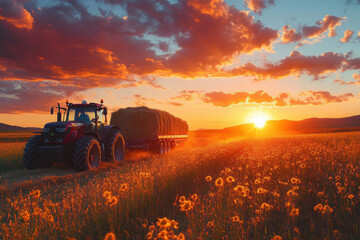 Fototapeta premium A tractor in a field with a sunset behind it.