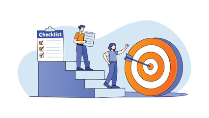 People climbing steps with checklist and arrow hitting bullseye target for business goals and success