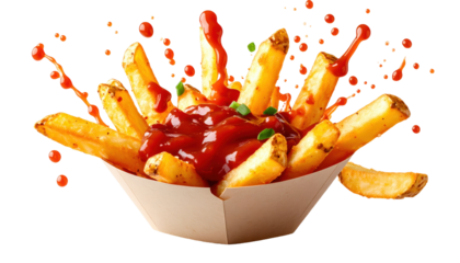 floating Crispy Fries with Splashing Hot Chili Sauce in motion on white