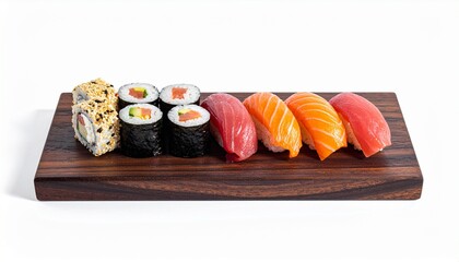 Assorted Sushi Platter on Wooden Board, Japanese Cuisine, White Background.