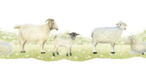 Goats with baby and white sheep watercolor seamless border isolated on white. Cute farm animals grazing on grass lawn in simple style and pastel colors for rural village designs and countryside scene