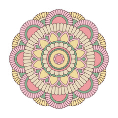 Vector mandala isolated on white background. Ornament card with mandala on rose and yellow colors. Oriental pattern, vintage decorative element for design