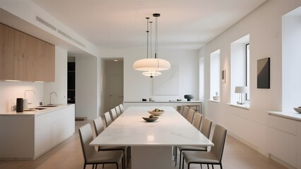 Modern minimalist dining room with long table, chairs, and open kitchen layout