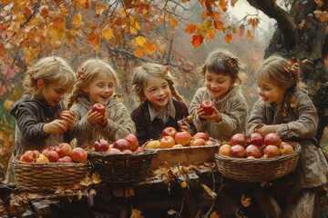 Group of children playing tag in a park.