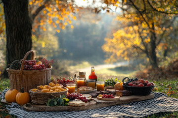 Picnic spread of fruit, bread, and juice.