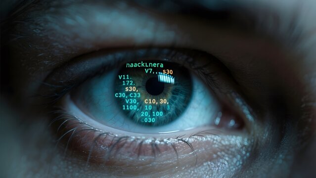 Close-up of a human eye with digital data overlay, suggesting advanced technology or cybernetic enhancements. - Powered by Adobe
