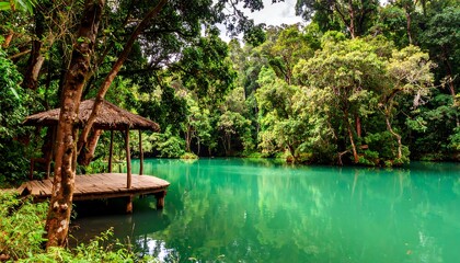 Idyllic scene of a wooden gazebo on the edge of a beautiful turquoise lake