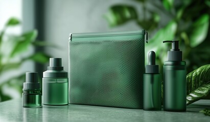 Green mesh cosmetic bag with skincare bottles on table, showcasing natural beauty through textured details and fresh botanical ambiance for skincare product promotion
