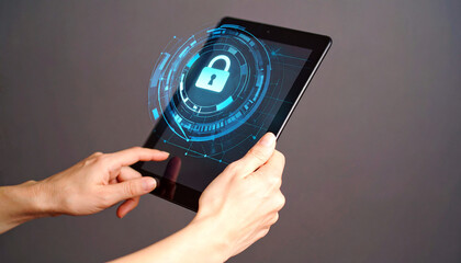tablet showing an encrypted data lock icon, futuristic UI overlay, cybersecurity theme