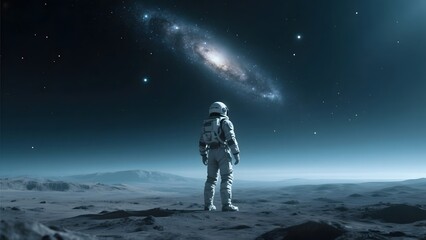 Astronaut on an alien landscape gazing at a distant galaxy in the night sky