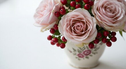 優美な淡いピンク薔薇と赤い実 静謐な光が優しく包む花束. AI Generated