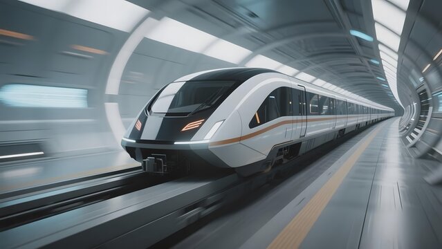 Modern high-speed train traveling through a sleek, futuristic subway station - Powered by Adobe