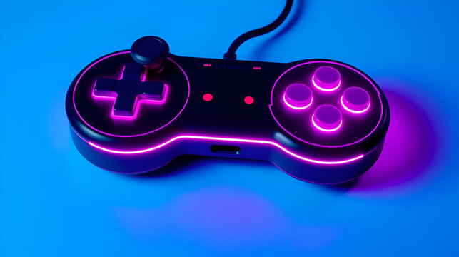 Game on, Neon game controller or joystick for game console on blue background.
