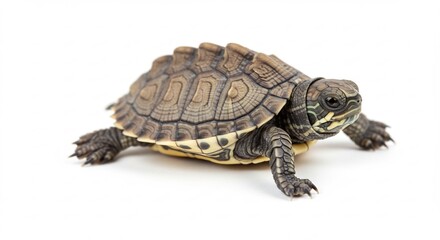 Obraz premium 小さな亀 白い背景 穏やかな光 ゆっくり歩く (Chiisana kame shiroi haikei odayakana hikari yukkuri aruku) Translation: Small turtle white background gentle light walking slowly. AI Generated