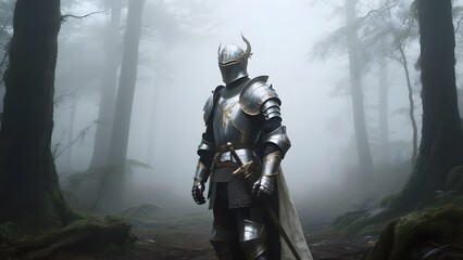 Fototapeta premium Knight in full armor standing amidst a foggy forest, holding a sword and shield.