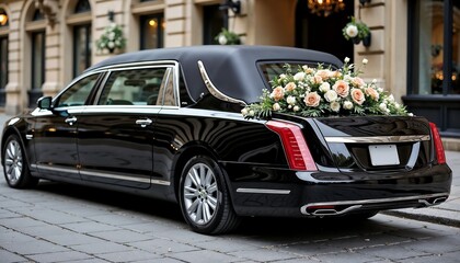 Black Funeral Hearse adorned with Flowers for Funeral Services, Memorials, Remembrance Cards, Sympathy Websites, and Condolence Messages.