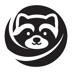 Face logo of a raccoon, black abstract silhouette with curved flowing lines, sharp edges, flat vector style. 