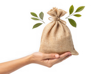 A hand holding a burlap sack with green leaves, isolated on transparent background