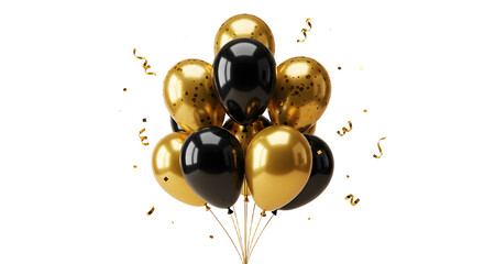 Black and gold balloons bouquet with confetti isolated on black background, perfect for elegant celebrations and parties
