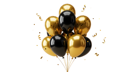 Black and gold balloons bouquet with confetti isolated on black background, perfect for elegant celebrations and parties