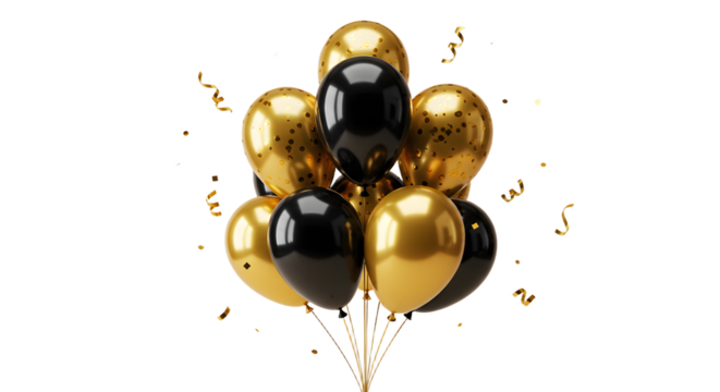Black and gold balloons bouquet with confetti isolated on black background, perfect for elegant celebrations and parties