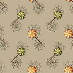 Безшовний візерунок на Хелловін, помаранчеві та зелені льодяники в павутині на бежевому фоні