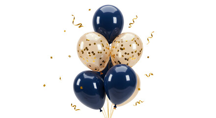 Blue and gold confetti balloons bouquet with golden streamers isolated on white background, perfect for celebrations and parties