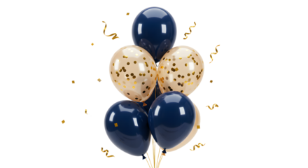 Blue and gold confetti balloons bouquet with golden streamers isolated on white background, perfect for celebrations and parties
