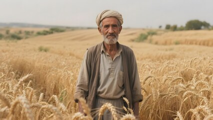 Elderly man standing in a golden wheat field, wearing traditional attire and a turban.