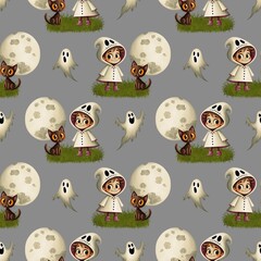 Cute seamless pattern, a child in a ghost costume and pink boots, and a black cat with orange eyes against the background of a full moon.