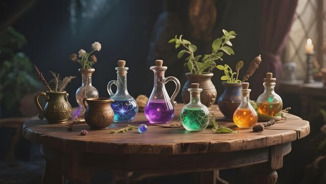 A rustic wooden table adorned with colorful potion bottles, herbs, and mystical elements in a dimly lit room.