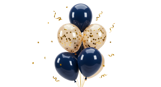 Blue and gold confetti balloons bouquet with golden streamers isolated on white background, perfect for celebrations and parties