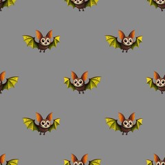 cute seamless pattern, colorful bat with green wings and big ears on gray background