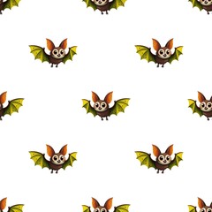 cute seamless pattern, colorful bat with green wings and big ears on white  background