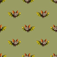 cute seamless pattern, colorful bat with green wings and big ears on green background
