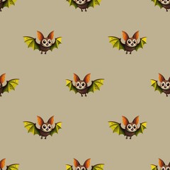 cute seamless pattern, colorful bat with green wings and big ears on beige background