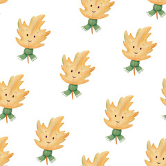 Fototapeta premium Seamless pattern with cute autumn leaf. Hand drawn watercolor cheerful forest plant in autumn yellow colour