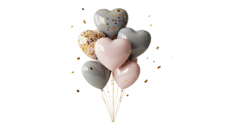 Bouquet of heart-shaped balloons in pink and grey with gold confetti spots, perfect for romantic events and celebrations