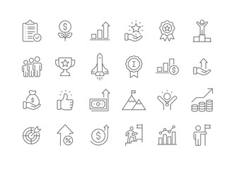 Success and growth icon set. Outline style. Personal, professional, and financial progress symbols. Career, business development, achievement. Thin line symbol. Editable stroke.